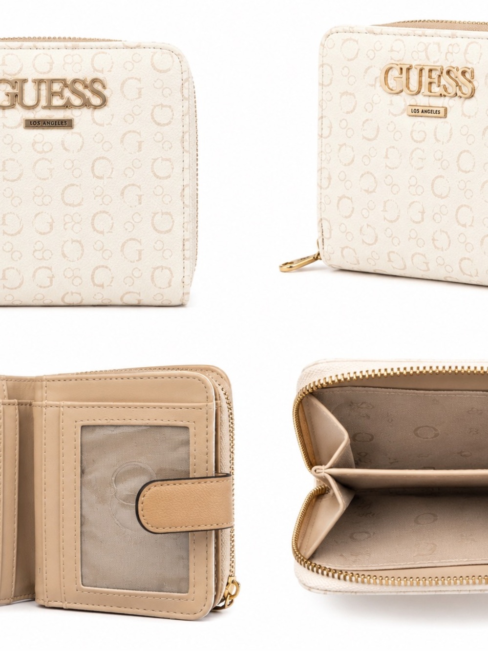 GUESS Los Angeles Monogram Zip Around Wallet Cream Beige Logo Wallet